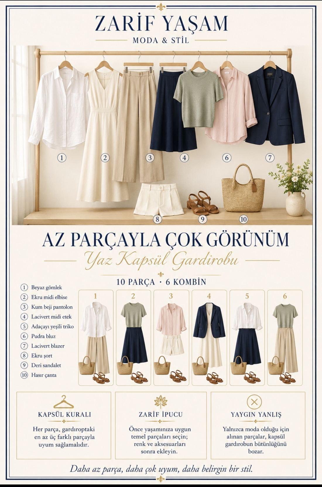 Yaz Kapsül Gardırobu — 10 Parça, 6 Kombin